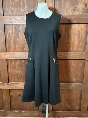 Sharagano Black Sleeveless A-Line Dress with Gold Zip Accents